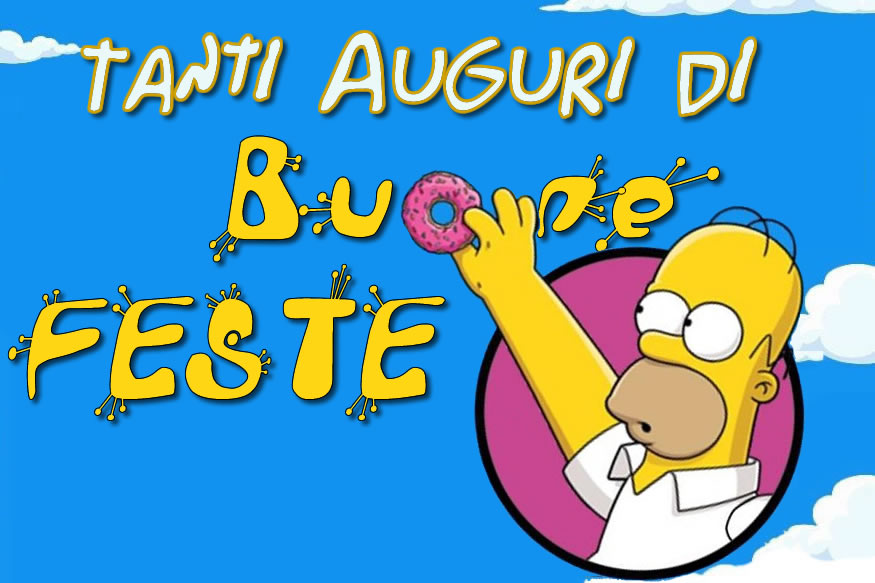 Homer protagonista della serie televisiva a cartoni animati I Simpsos qui ci fà i suoi auguri, ma sempre amante delle ciambelline sta rubanbo una donut