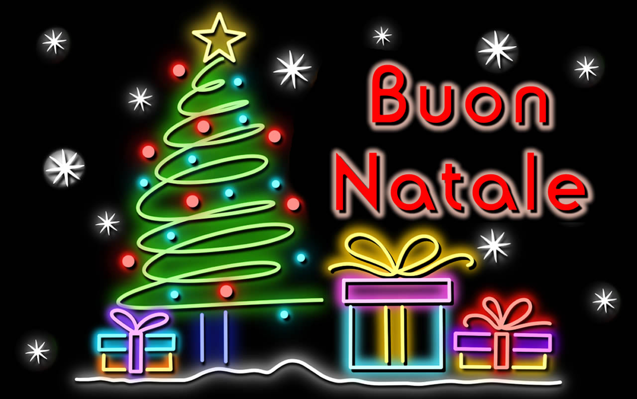 Immagine con albero di natale e regali con effetto luminoso con luci al neon