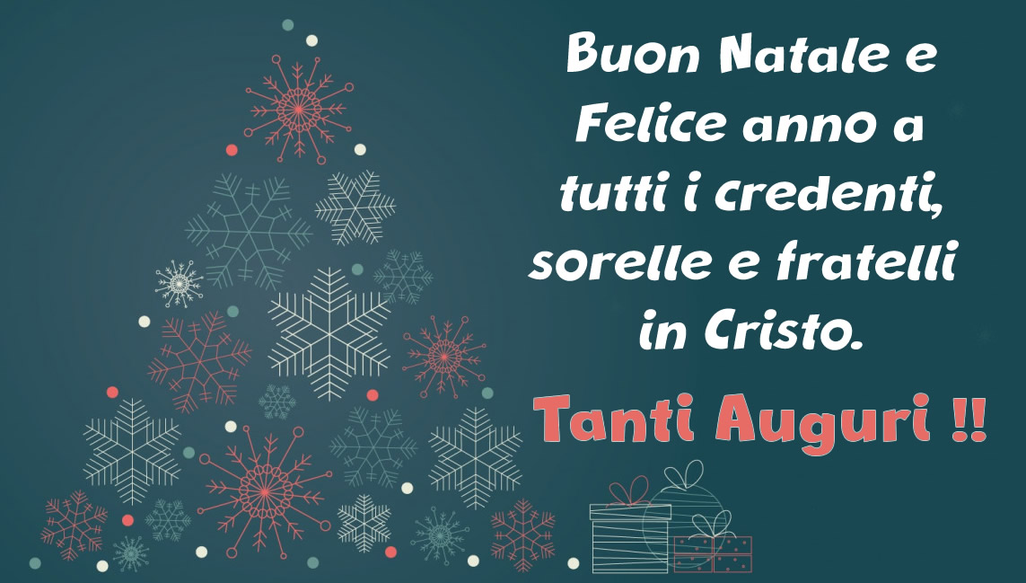 Biglietto di auguri per credenti cattolici e protestanti: buon Natale e felice anno nuovo 2025 a tutti i fedeli, sorelle e fratelli in Cristo