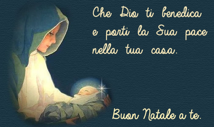 Messaggio di auguri e benedizione spirituale ai credenti con l'immagine della Vergine con il bambino Gesù in braccio: Che Dio ti benedica e che porti la pace nella tua casa. Buon Natale a tutti