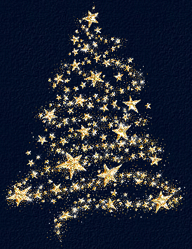 Immagine gif animata con albero di Natale e piccole stelle brillanti 