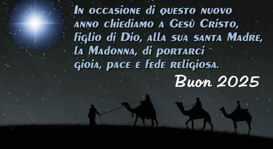 Immagine con i tre re che seguono la stella cometa per portare i doni a Betlemme con una frase di benedizione da condividere con i credenti della fede cristiana: in occasione del felice anno nuovo auguri a Gesù Cristo, figlio di Dio, alla sua santa Madre, Santa Maria, per portarci gioia, gioia e fede religiosa.