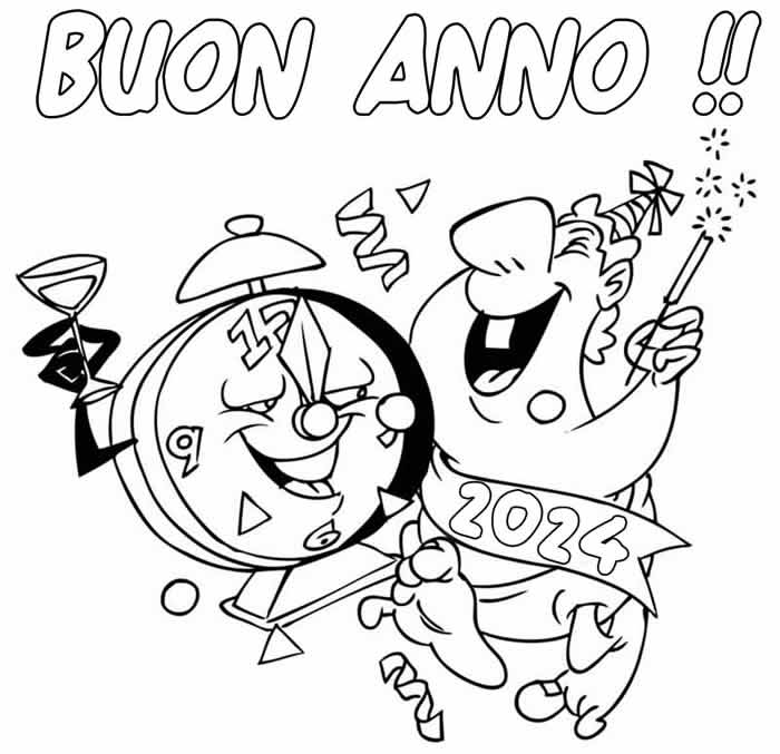 Disegno con personaggi fantastici che ballano e brindano la notte di San Silvestro