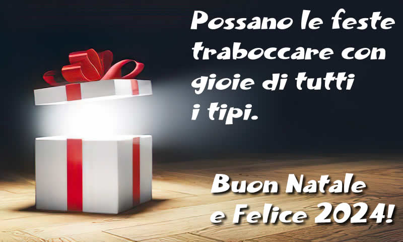 Biglietto di auguri con l'immagine di un pacchetto regalo che si apre con molta luce e un messaggio di buone feste