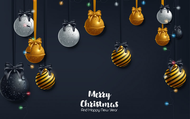 immagine elegante con palline decorative di Natale scritte in inglese buon Natale e felice anno nuovo