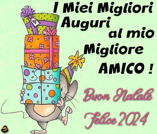 immagine allegra e divertente con un topolino che trasporta tanti regali con un messaggio di buone feste: i migliori auguri al mio migliore amico