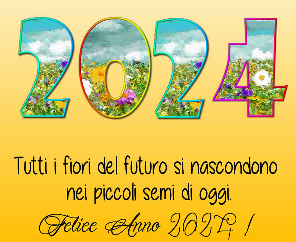 immagine allegra e colorata con il 2025 costruito con numeri fatti con fiori e una bella frase di auguri per un felice anno nuovo