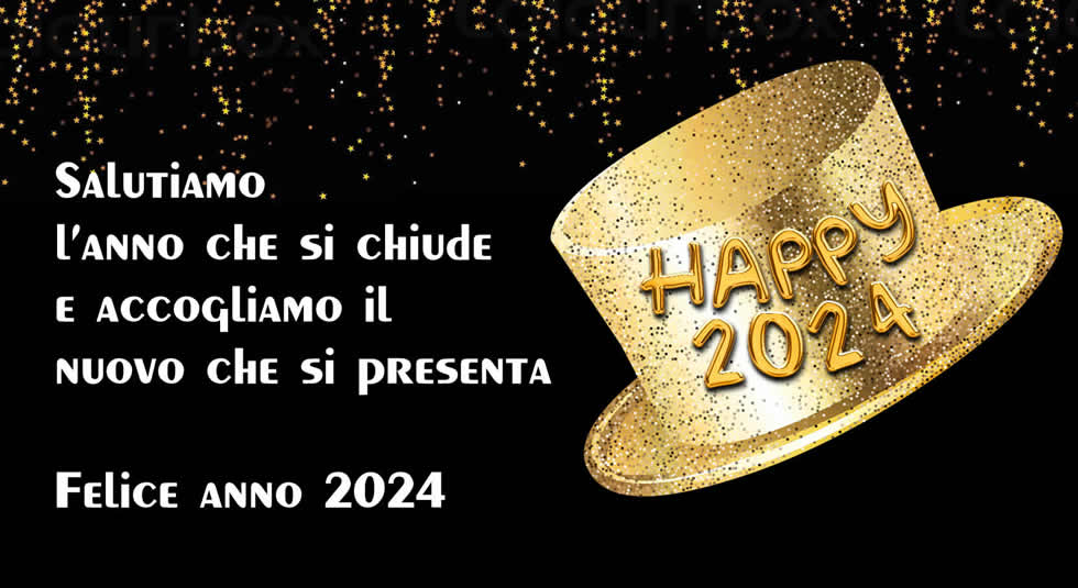 Immagine con cappello per festeggiare Capodanno con gioia con imessaggio di auguri: Salutiamo l’anno che si chiude e accogliamo il nuovo che si presenta