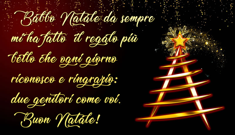 immagine con albero di Natale e stella cometa con stelline cadenti e messaggio auguri ai genitori