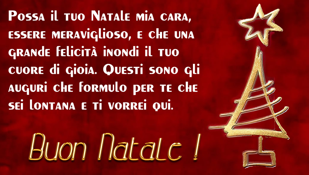 Biglietto di auguri con sfondo rosso con albro di natale stilizzato in oro e messaggio di auguri