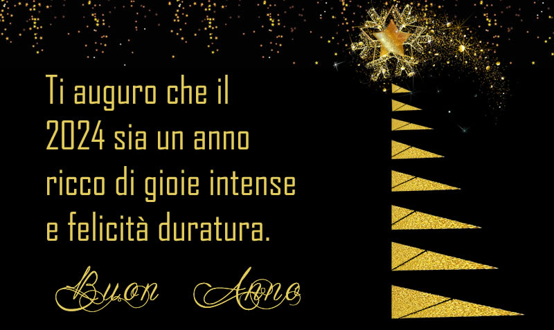 Immagine elegante con albero di Natale stilizzato in colore oro e stella cometa con messaggio di auguri