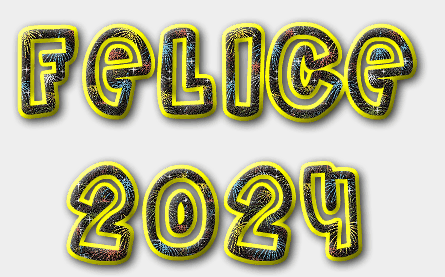 Animazione Glitter Gif testo FELICE 2025 con fuochi artificiali e bordo giallo.