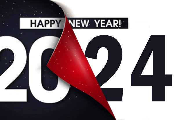 Immagine con testo Happy New Year 2025 con pagina che si sfoglia