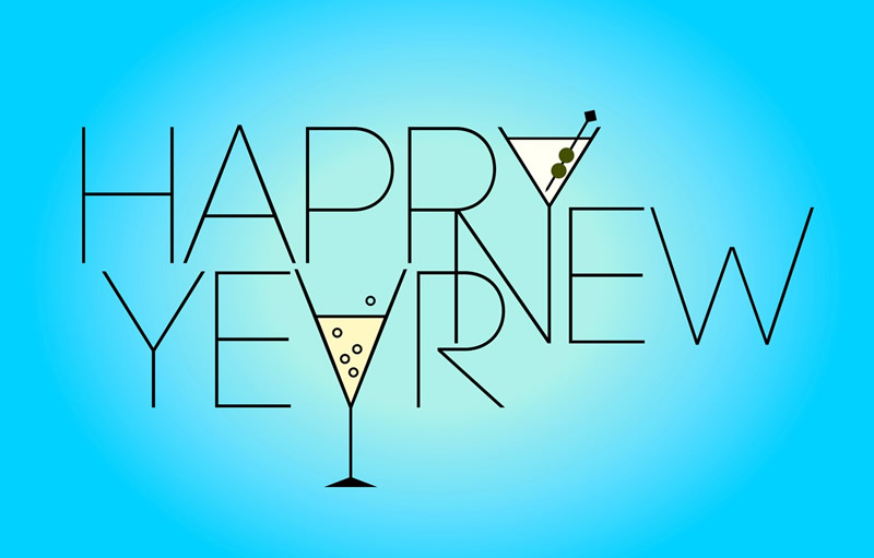Immagine con testo HAPPY NEW YEAR di auguri con bicchieri pronti a brindare a mezzanotte del nuovo anno.