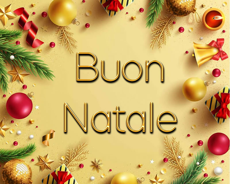 Immagine elegante con decorazioni e scritta in oro BUON NATALE