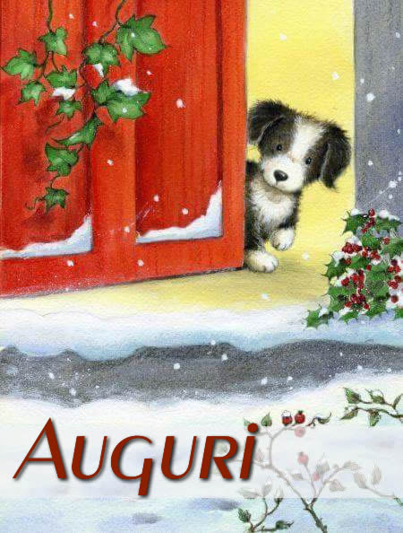 Dolce disegno con cagnolino che osserva fuori dalla porta con le decorazioni di natale e testo AUGURI