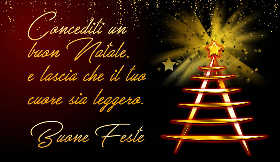 Immagine con albero di natale luccicante e dedica con testo.