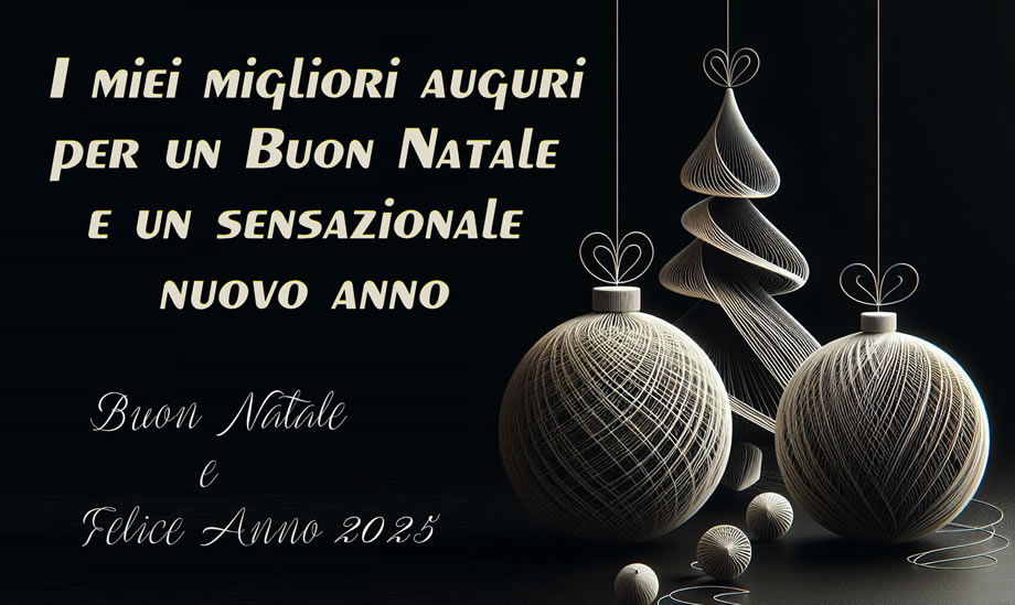immagine di sfondo nero con albero di Natale stilizzato e cappello con scritta Happy 2025 e un bel messaggio di auguri