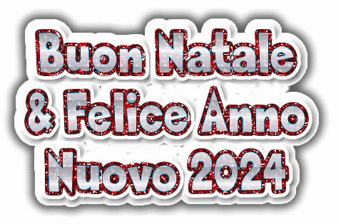 Gif animata glitterata testo rosso Buon Natale & Felice Anno 2025 con scintillio di stelline.