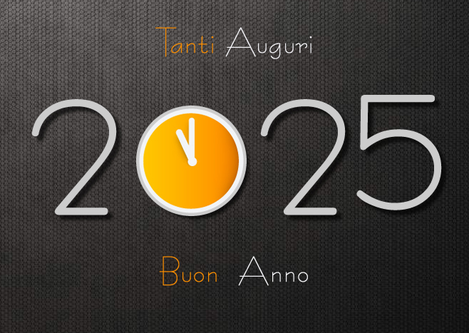 immagine con testo 2025 e orologio che segna quasi mezzanotte per celebrare l'arrivo del nuovo anno