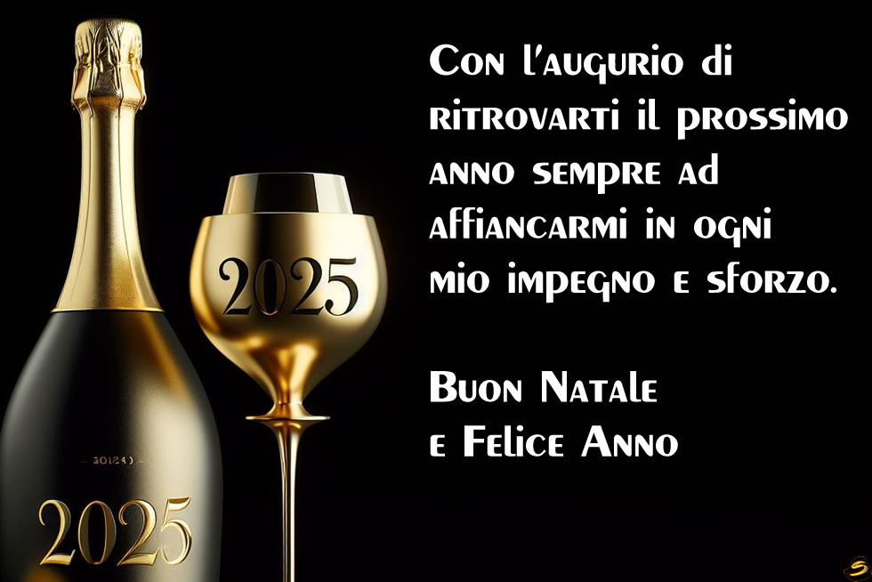 immagine con bottiglia di champagne e bicchieri per brindisi della mezzanotte del 31 dicembre per il nuovo anno con messaggio di auguri per colleghi di lavoro