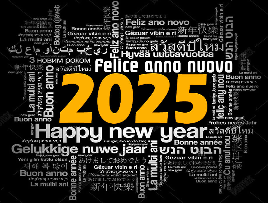 immagine con testo Felice anno nuovo 2025 in molte lingue diverse
