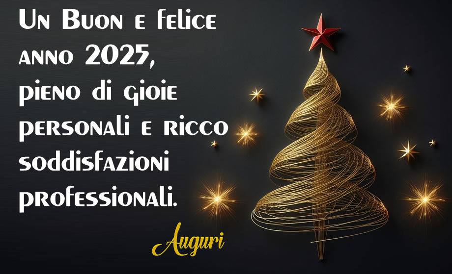 immagine con albero di Natale stilizzato color oro e testo di auguri di buon anno 2025