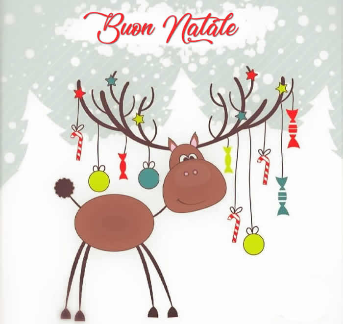 bel disegno, realizzato in modo infantile con una renna con appesa caramelle e regali sulle sue corna