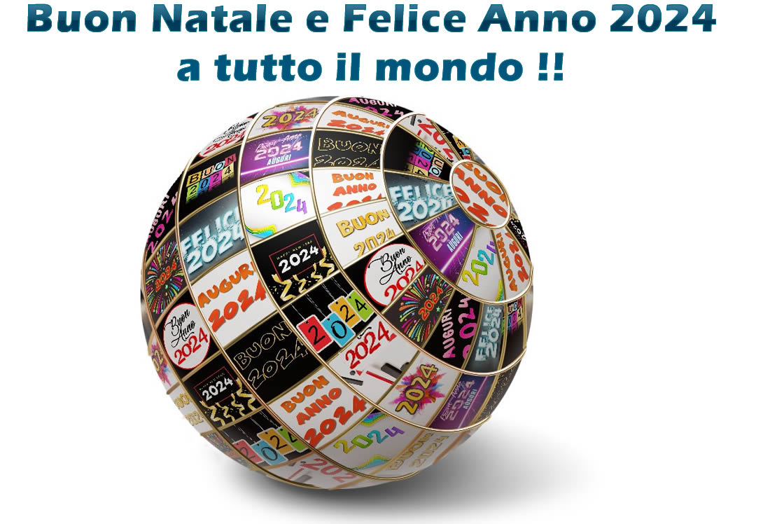 immagine di una sfera ricoperta degi auguri di Buon 2025 nelle principali lingue e messaggio di auguri: Buon Natale e Felice Anno 2025 a tutto il mondo