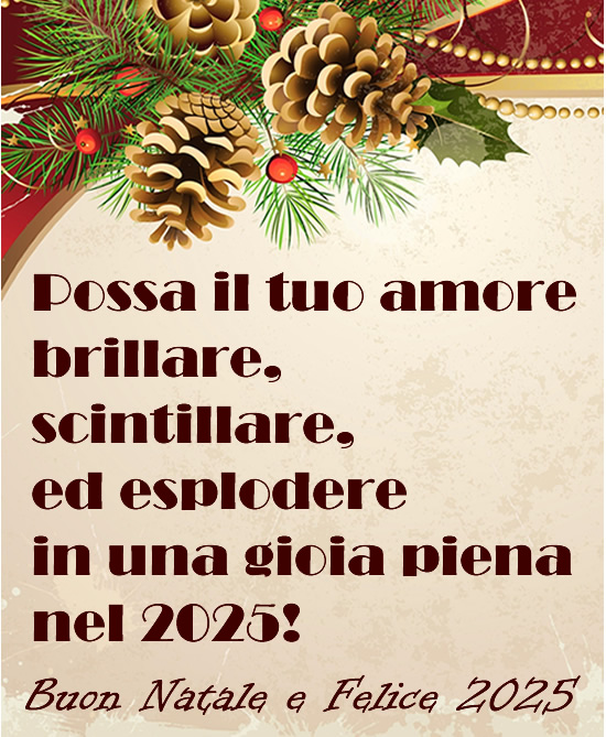 Immagine con decorazioni natalizie con pigne e rami di abete con testo di auguri di Buone Feste