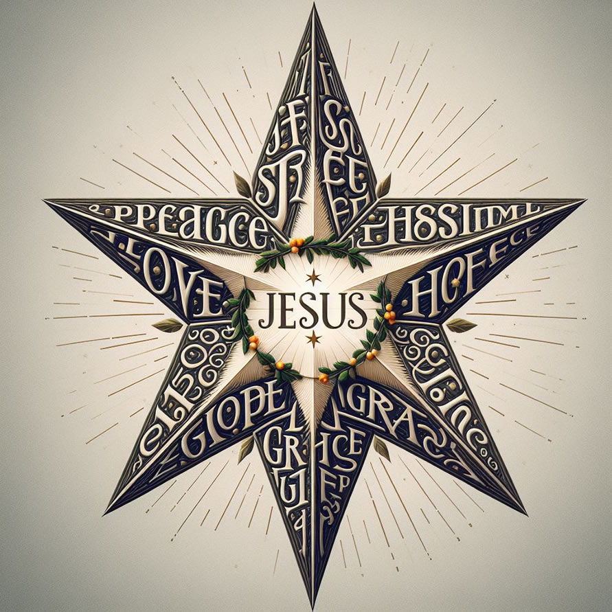 immagine a sfondo colore blu con stella formata da testo in inglese con al centro Jesus e poi pace, amore, gioia, speranza, grazia