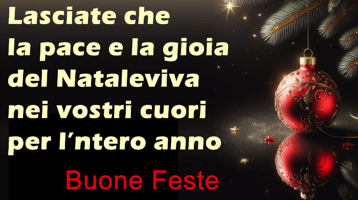 immagine con pallina decorativa per albero di Natale su sfondo nero e testo di auguri