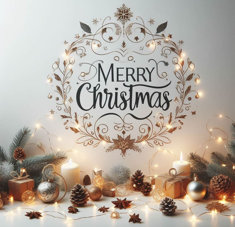 immagine con scritta in inglese Buon Natale e addobbi natalizi con luminarie