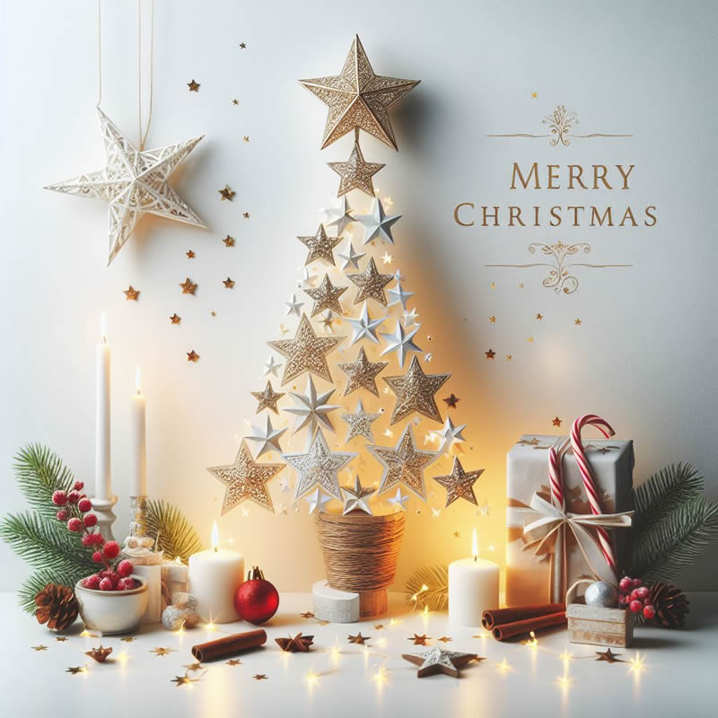 Immagine con testo Merry Christmas con albero fatto con selle, adatto per auguri aziendali, serio ma bello
