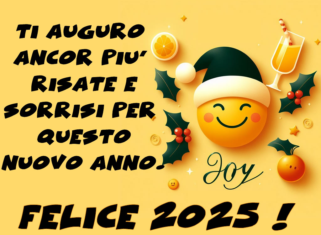 Cartolina d'auguri allegra e divertente per auguri di felice anno nuovo con un bel messaggio e un grande sorriso