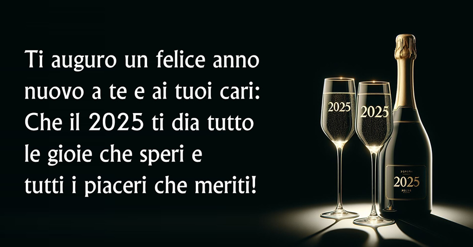 immagine con bottiglia di champagne con iscrizione 2025 e frase di auguri per un felice anno nuovo