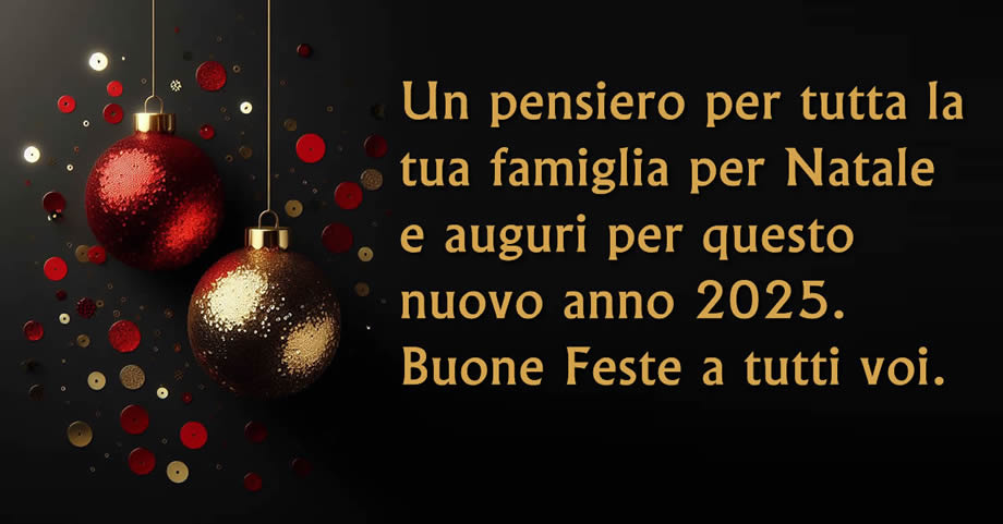 Cartolina virtuale con frase: Un pensiero per tutta la tua famiglia per Natale e auguri per questo nuovo anno 2025. Buone Feste a tutti voi.