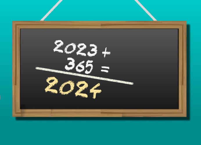 Immagine con lavagna che somma l'anno 2024 più 365 giorni con il risultato del nuovo anno 2025.