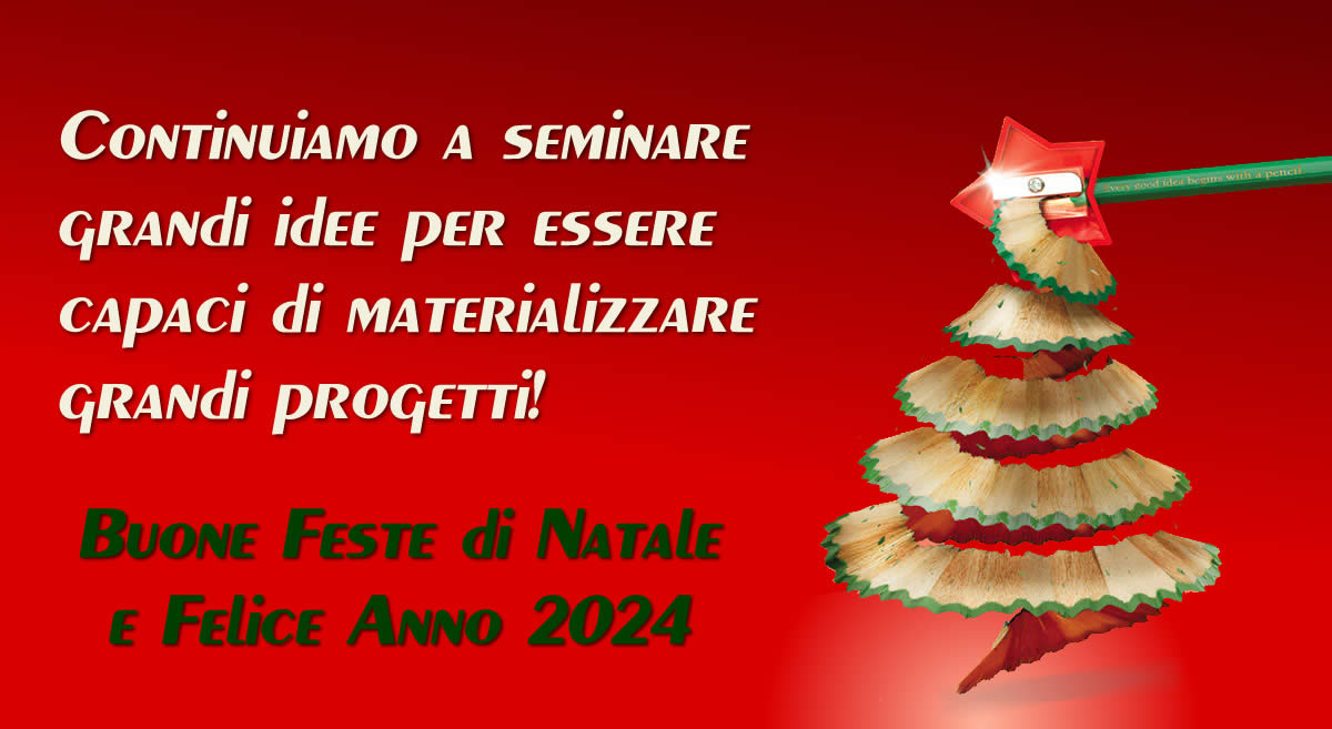 Immagine con un temperamatite a forma di stella che fa la punta a una matita che forma un albero di natale e testo di auguri: