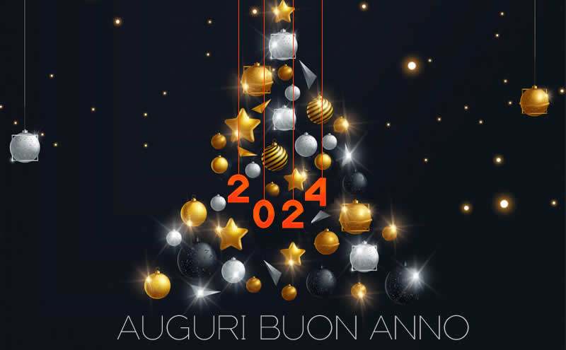 Immagine elegante con albero di natale addobbate con tante palline decorative e colorate oro con il numero 2025