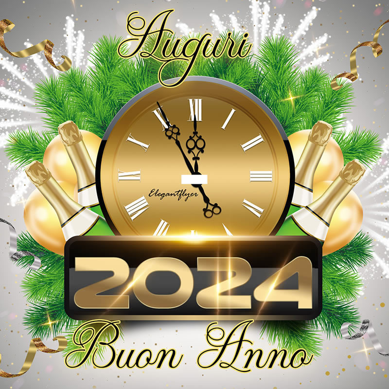 Immagine elegante con un orologio che segna mezzanotte e bottiglie di spumante pronte per brindare al nuovo anno