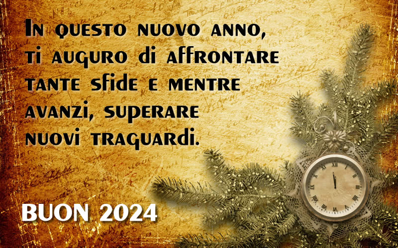 Immagine con orologio che segna mezzanotte e tutti pronti per festeggiare l'arrivo del nuovo anno con messaggio di auguri di buon 2025