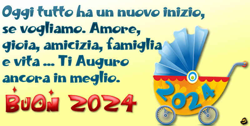 Immagine con il piccolo 2025 nel passeggino e frase di auguri per un felice anno nuovo 2025