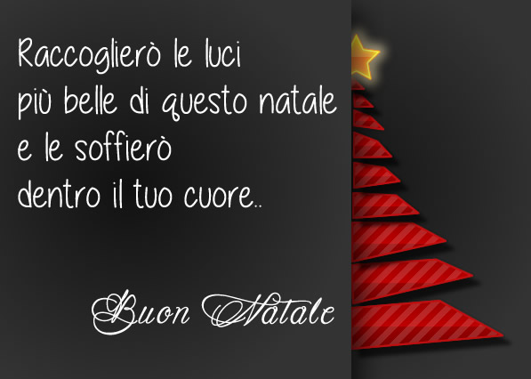 Immagine con un biglietto di auguri con un albero di Natale festivo e un messaggio di buon Natale