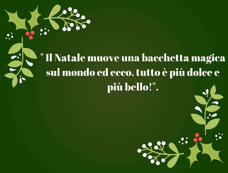 Immagine dallo sfondo verde decorato con rametti di agrifoglio e testo per messaggio di buone feste