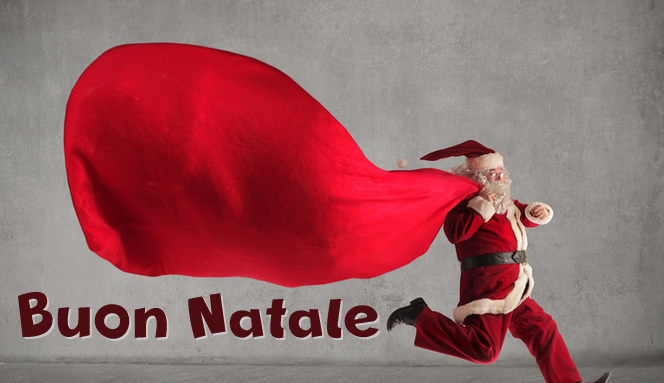 Immagine di Babbo Natale che corre con un'enorme borsa per portare regali