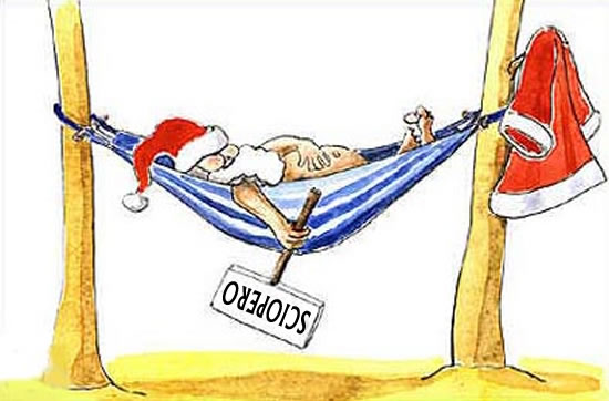 fumetto con Babbo Natale sull'amaca e cartello con scritto: sciopero