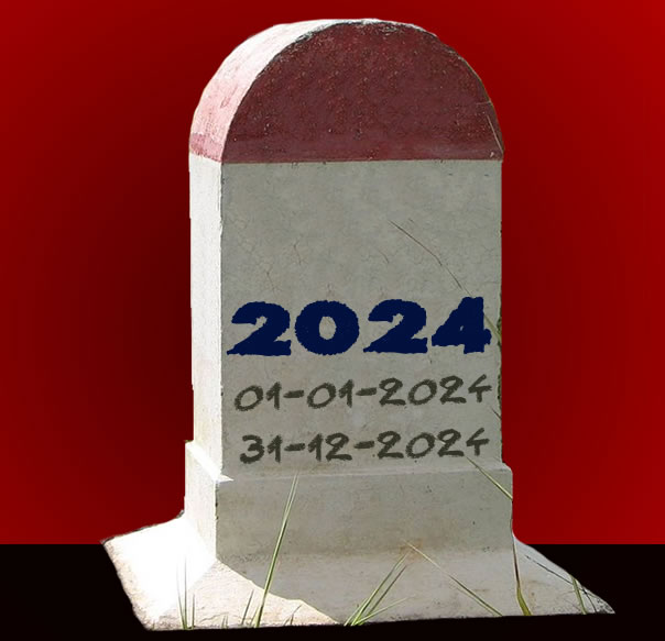 immagine con lapide e scritta 2024 con data di nascita 01-01-202 e data morte 31-12-2024, con mascherina appesa e disegno coronavirus, evento che ha segnato quest'anno