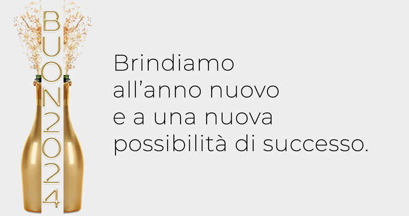 Immagine con testo: Brindiamo all'anno nuovo e a una nuova possibilità di successo. BUON 2025