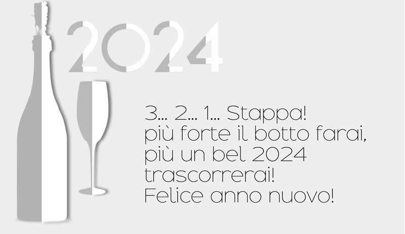 Messaggio di capodanno: 3... 2... 1... Stappa! più forte il botto farai, più un bel 2025 trascorrerai! Felice anno nuovo!